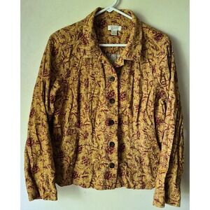 Christopher & Banks Women's XL Button Up Jacket Gold Corduroy/Burgundy Flowers